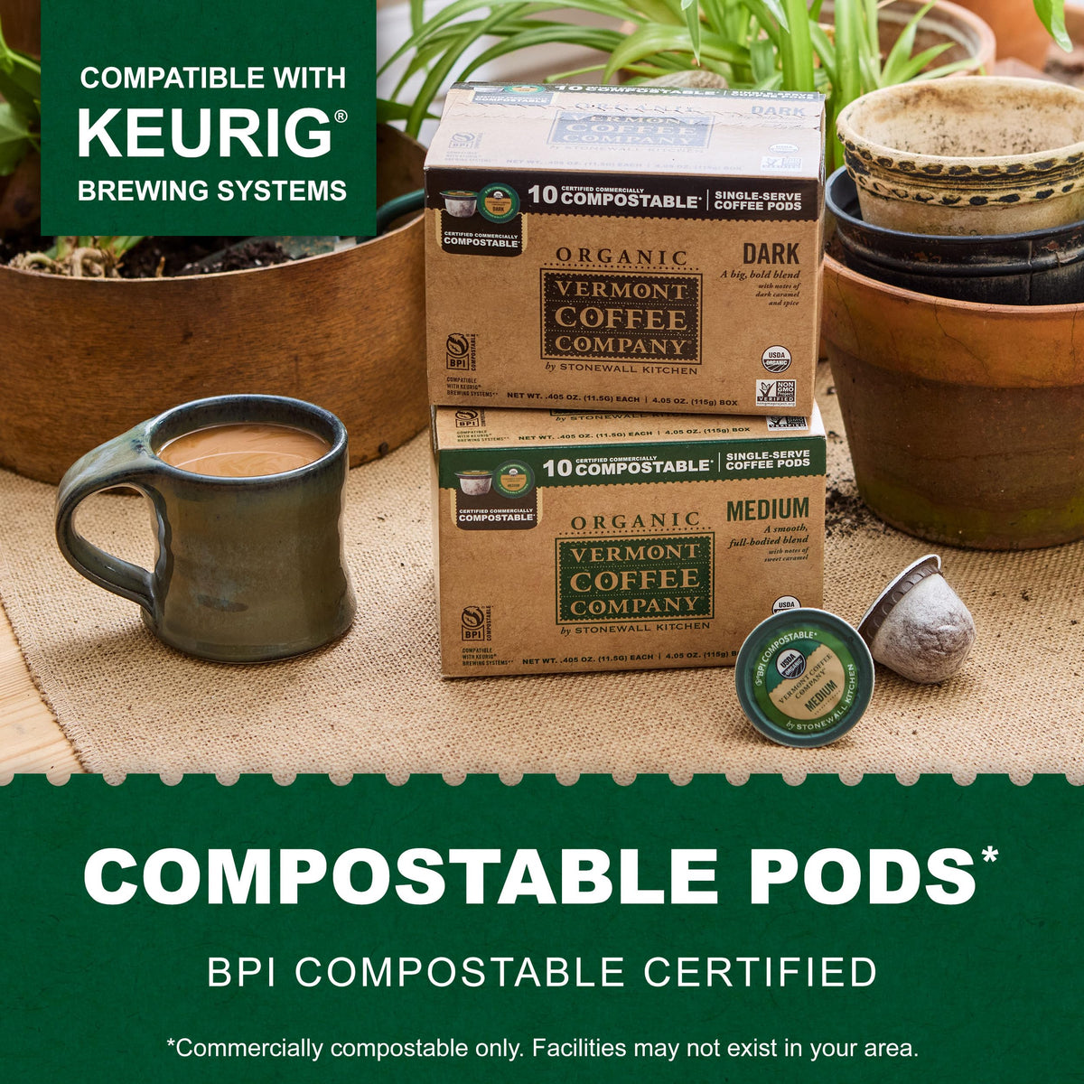 Vermont Coffee Company organic compostable pod packaging option reduces waste
