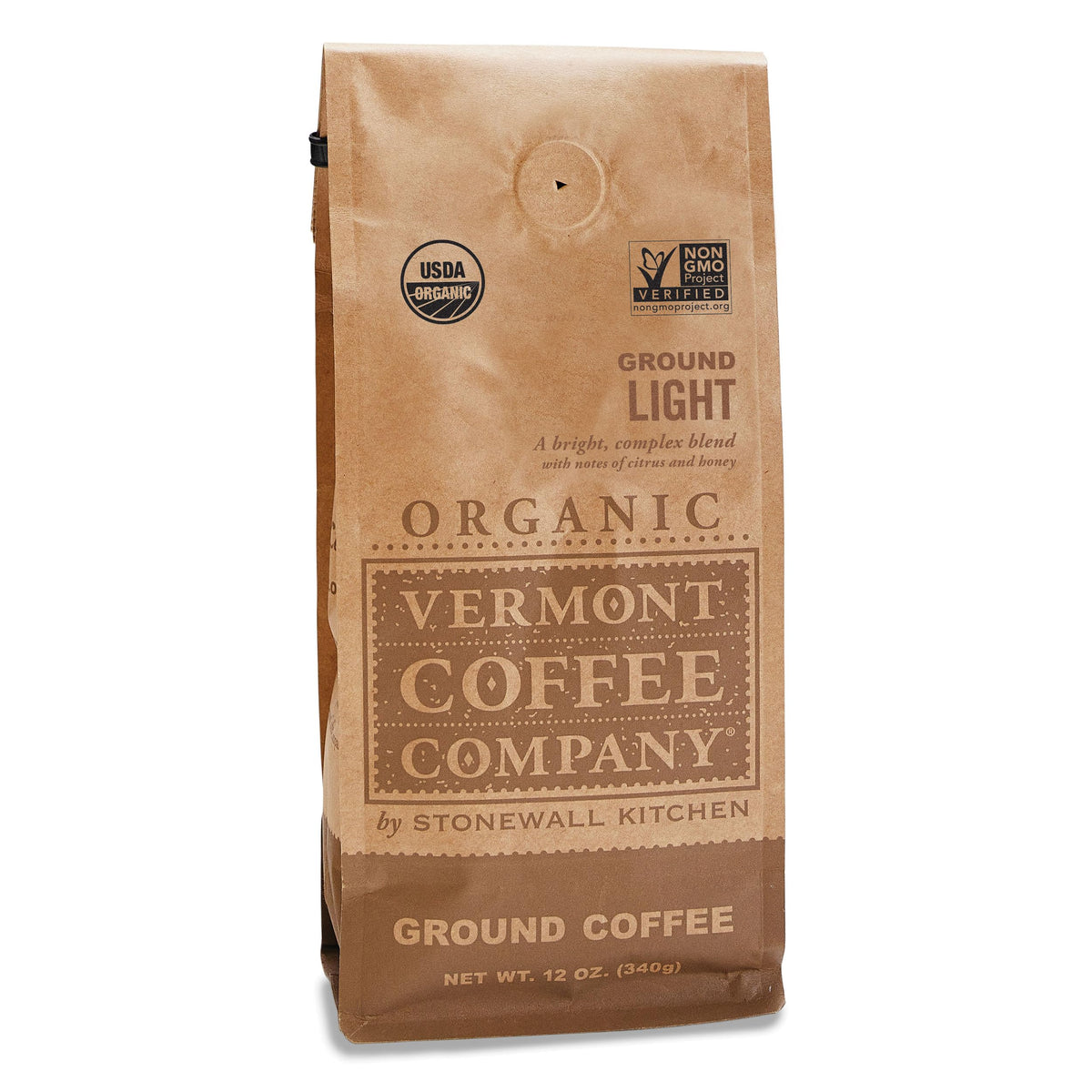 Vermont Coffee Company light roast ground coffee in a 12oz bag for smooth mornings