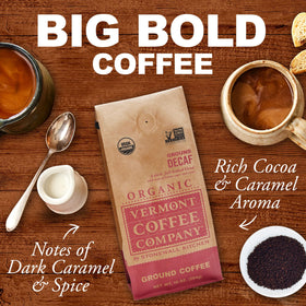 Steaming cup showing rich decaf flavor and full body