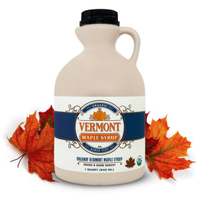 Vermont Maple Syrup bottle ready to drizzle on warm pancakes.