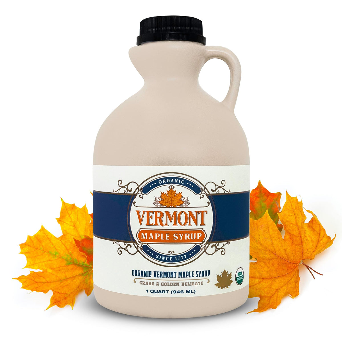 Vermont Maple Syrup 32oz bottle pour highlighting golden delicate flavor for pancakes.