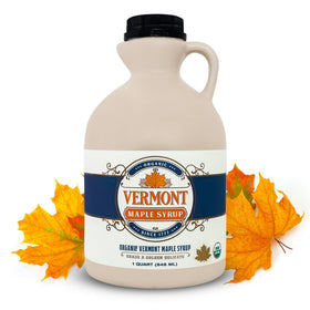 Vermont Maple Syrup 32oz bottle pour highlighting golden delicate flavor for pancakes.
