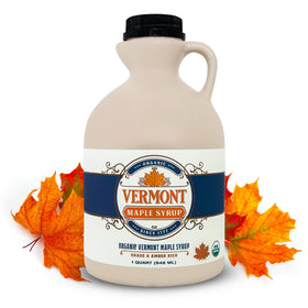 Vermont Maple Syrup amber rich bottle drizzled over pancakes for rich flavor