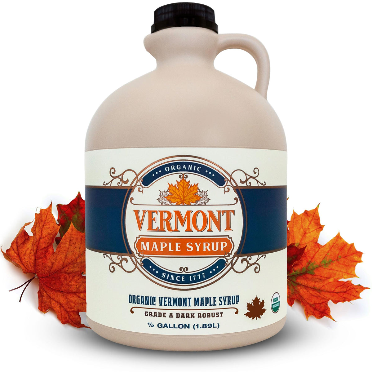 Vermont Maple Syrup bottle pour showing a smooth drizzle over breakfast pancakes.