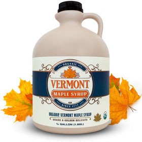 Vermont Maple Syrup bottle being poured over pancakes for rich flavor
