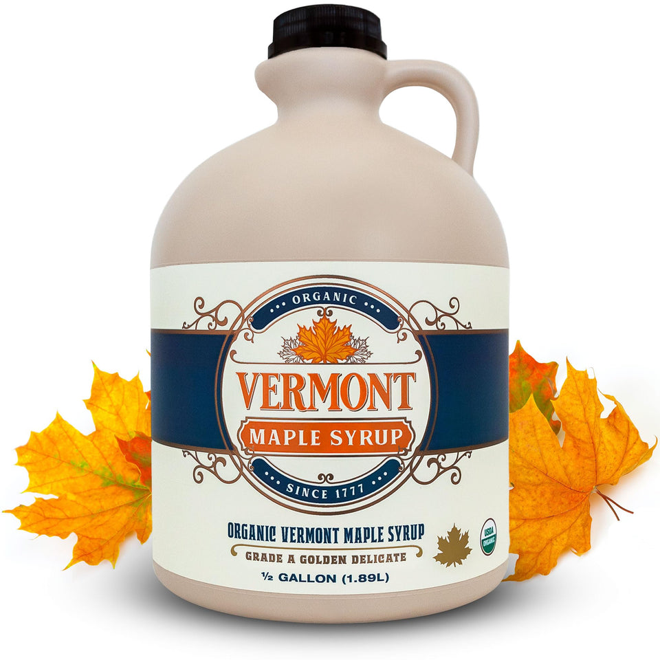Vermont Maple Syrup bottle being poured over pancakes for rich flavor