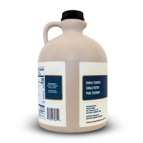 Vermont Maple Syrup label closeup highlighting organic, pure ingredients and grade A quality.