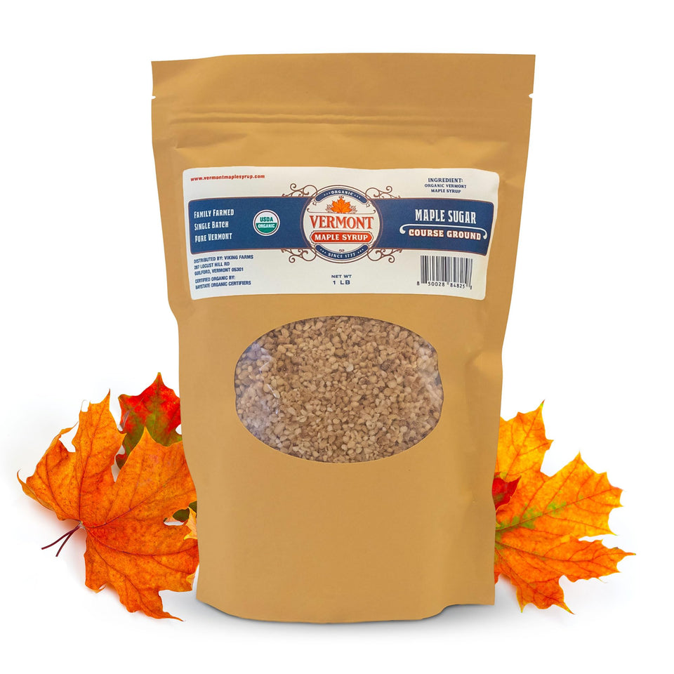 Vermont Maple Syrup Organic Coarse Maple Sugar bottle pour adds subtle maple sweetness to drinks.
