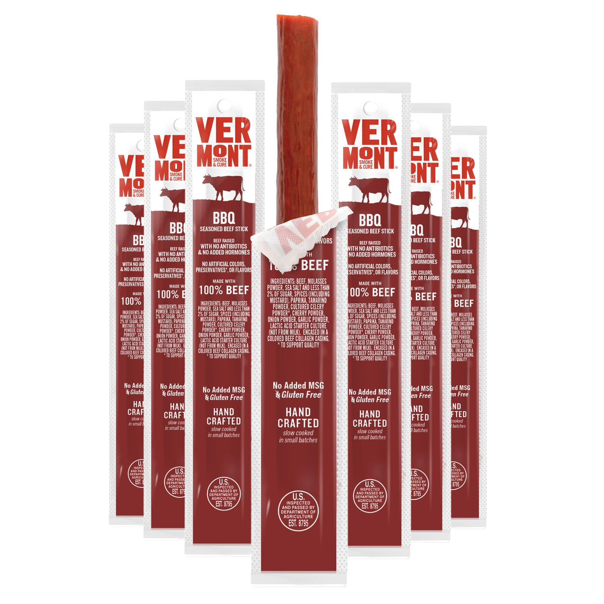 Vermont Smoke & Cure BBQ beef sticks box front view shows 24-pack convenience