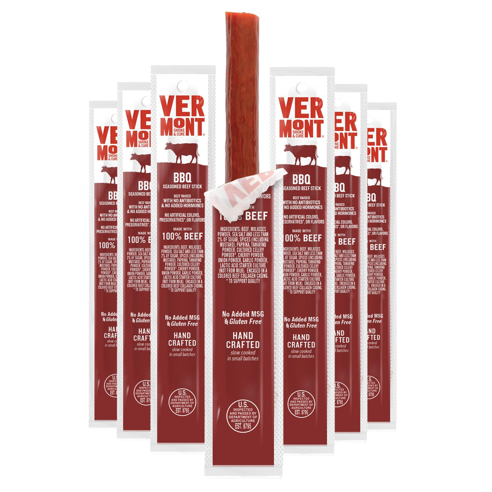 Vermont Smoke & Cure BBQ beef sticks box front view shows 24-pack convenience