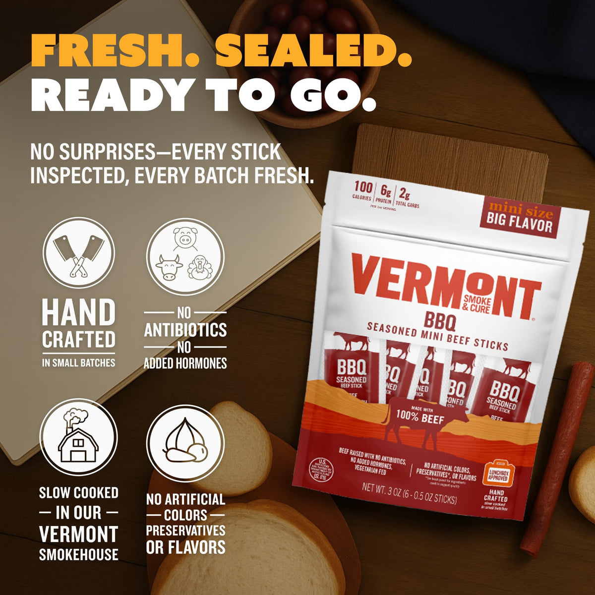Vermont Smoke & Cure BBQ beef sticks close-up texture reveals grill-seasoned surface