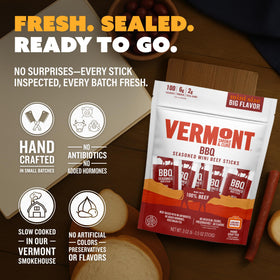 Vermont Smoke & Cure BBQ beef sticks close-up texture reveals grill-seasoned surface