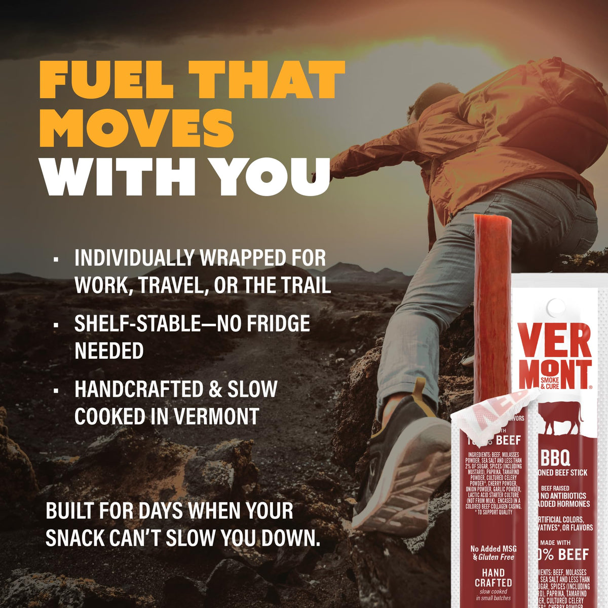 Vermont Smoke & Cure BBQ beef sticks individually wrapped for mess-free portability