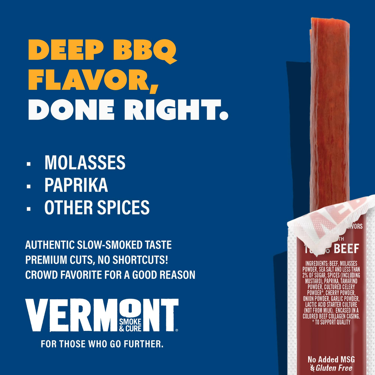 Vermont Smoke & Cure BBQ beef sticks packaging side view highlights easy portioning