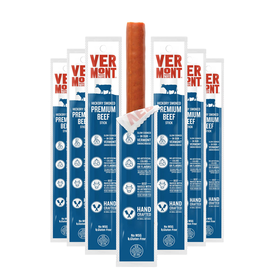 Vermont Smoke & Cure beef sticks 1oz packaging for portable protein on the go.