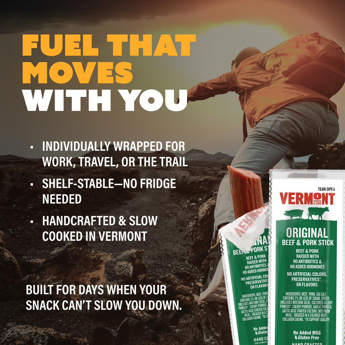 Vermont Smoke & Cure brand label and ingredients emphasize clean, simple snack options