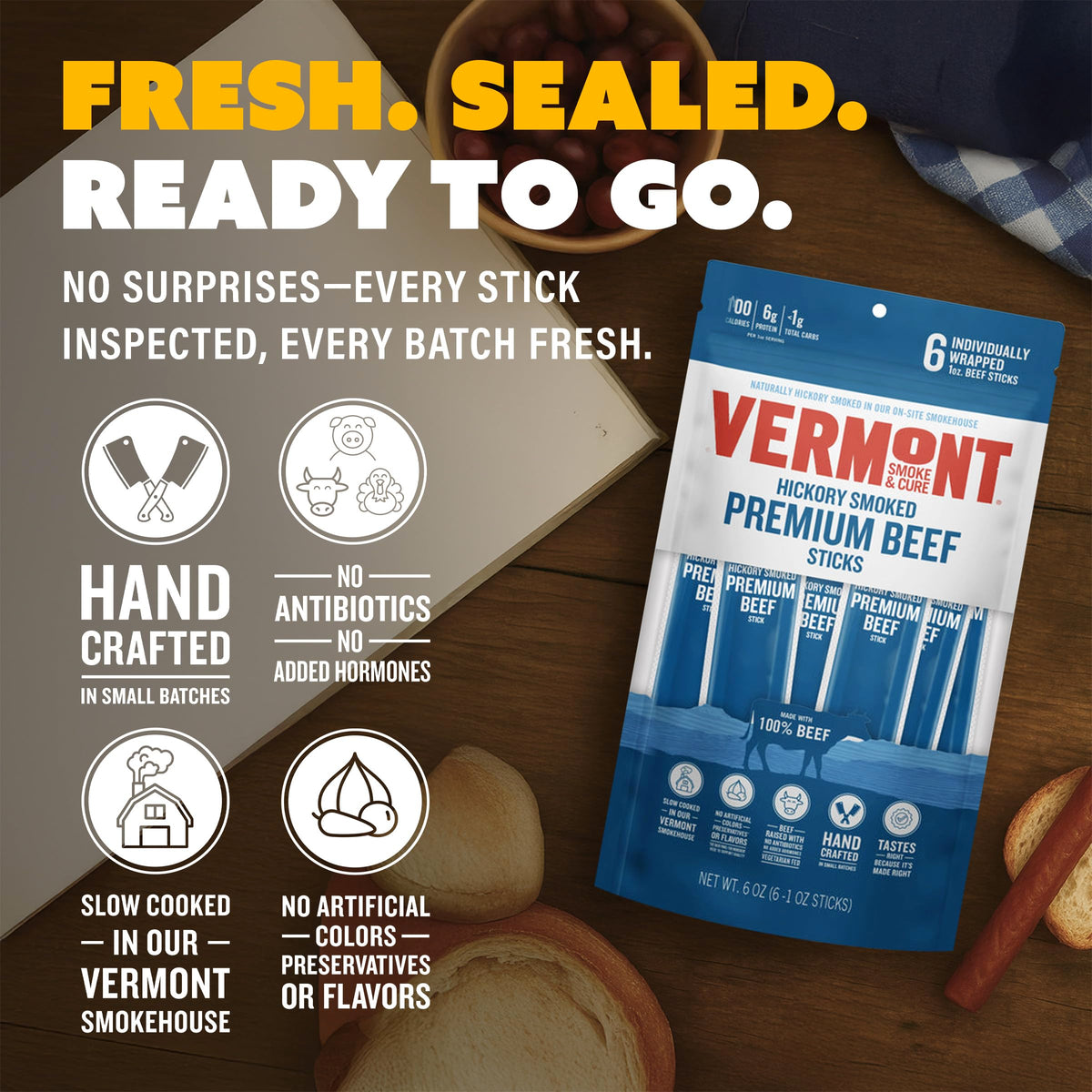 Gluten-free Vermont Smoke & Cure beef sticks suitable for gluten-aware snacking.