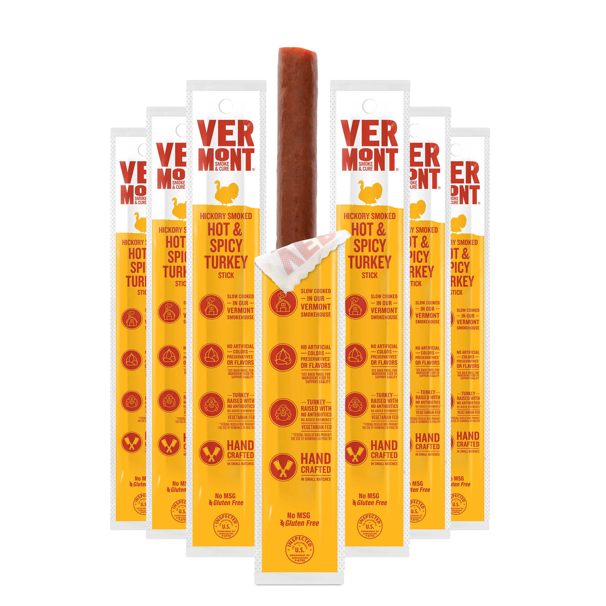 Vermont Smoke & Cure hot spicy turkey stick close-up showing smoky flavor and protein