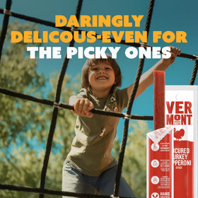 Vermont Smoke & Cure individually wrapped snack sticks, mess-free portability.
