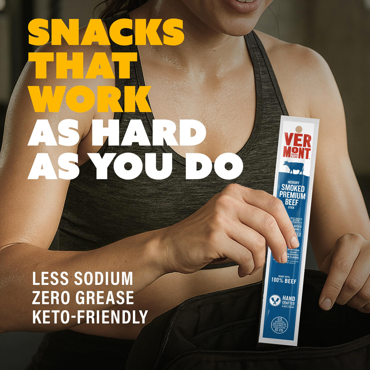 Individually wrapped Vermont Smoke & Cure beef sticks for freshness and easy portioning.