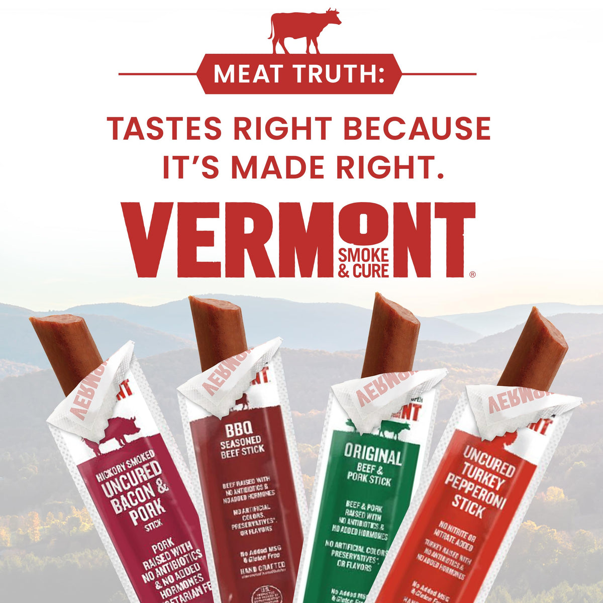 Individually wrapped sticks from Vermont Smoke & Cure for easy lunch or hike fuel