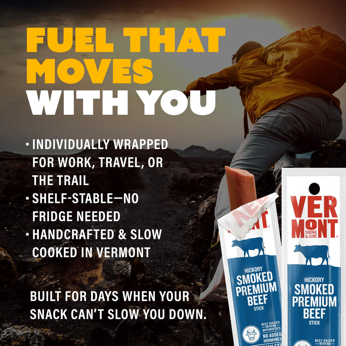 Vermont Smoke & Cure beef sticks as a grab-and-go snack during workouts or commutes.