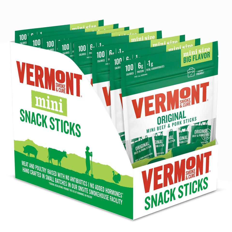 Vermont Smoke & Cure original beef-pork mini sticks box shows portable freshness for snacking
