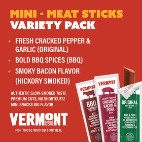 Vermont Smoke & Cure original beef and pork stick close-up, protein-rich snack option.