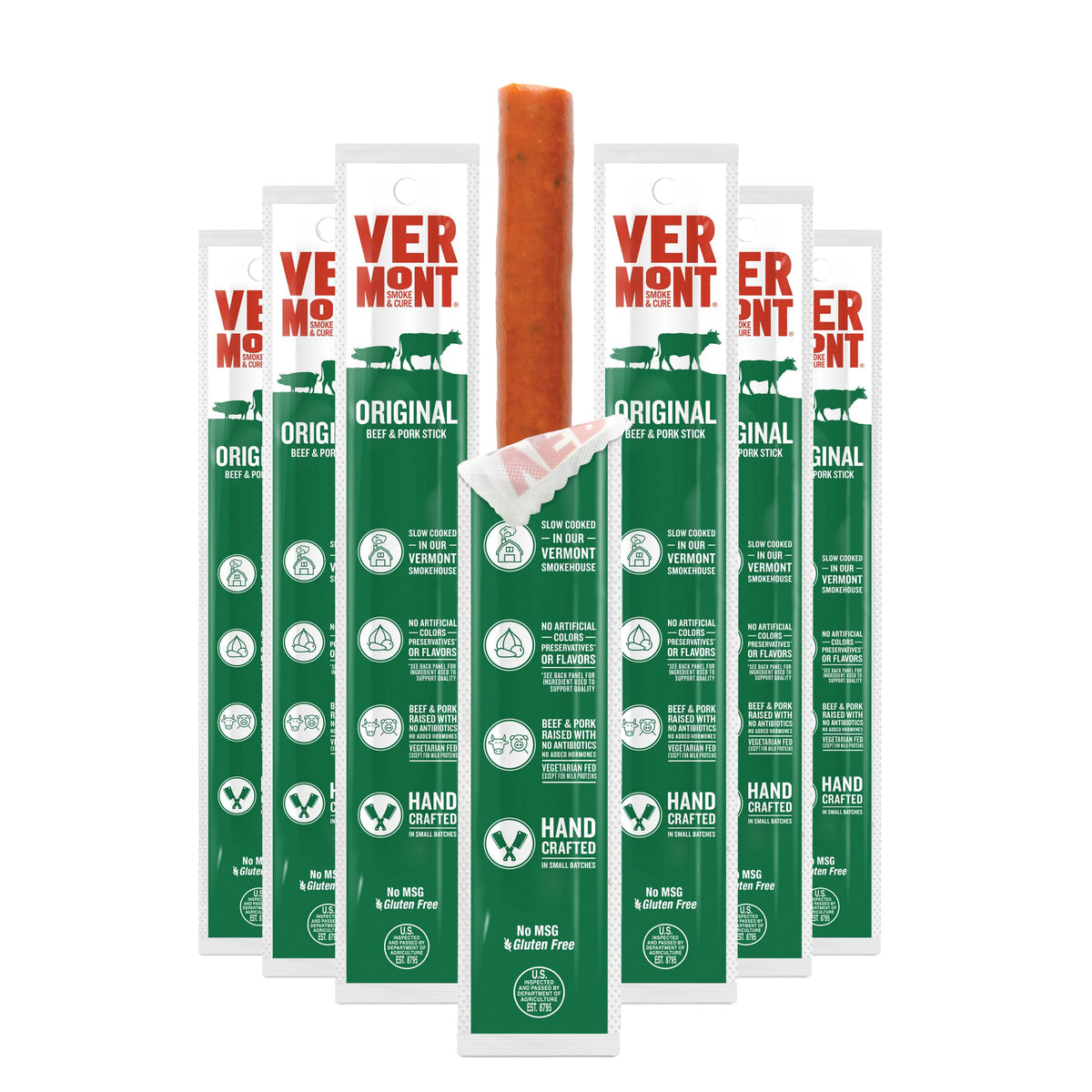 Vermont Smoke & Cure Original beef-pork sticks box front for on-the-go protein.