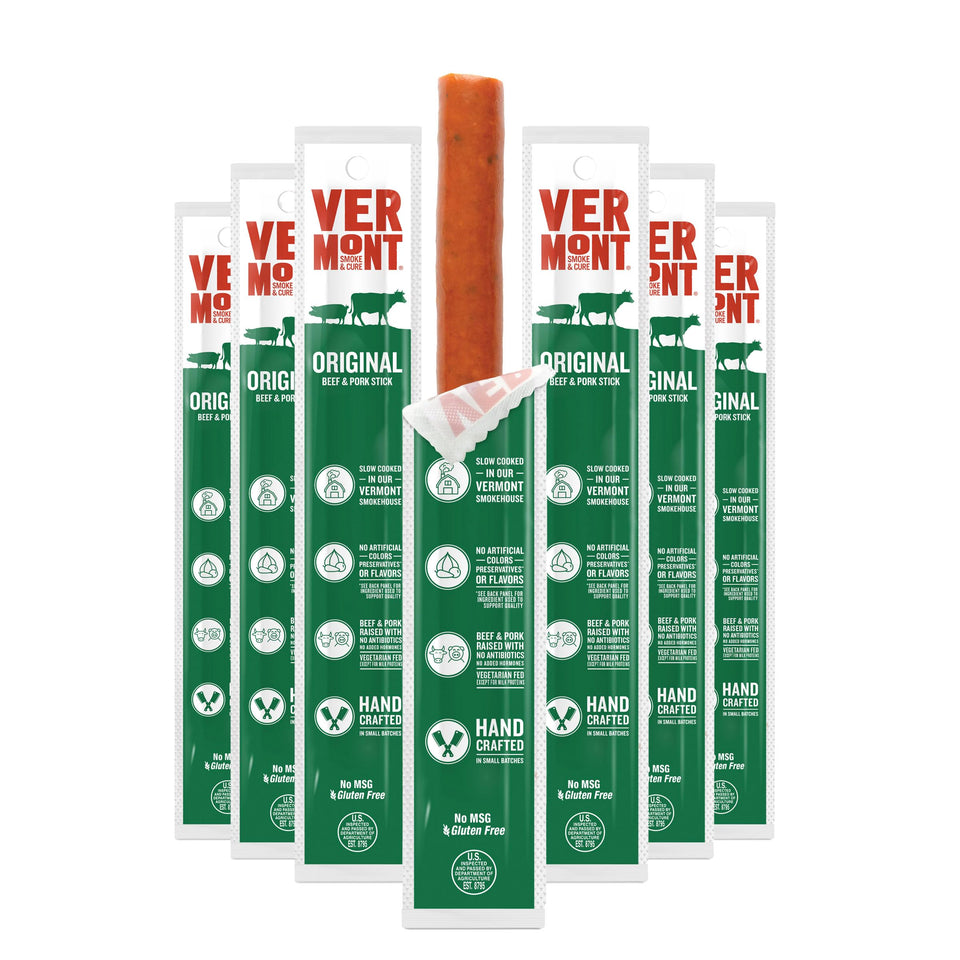 Vermont Smoke & Cure Original beef-pork sticks box front for on-the-go protein.