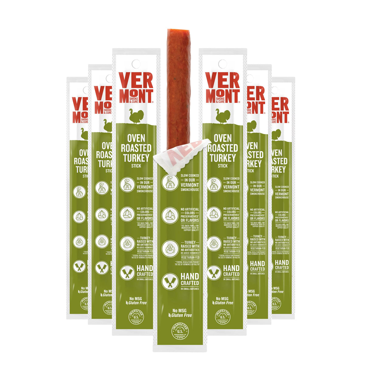 Vermont Smoke & Cure oven roasted turkey sticks box front, ready-to-grab protein.