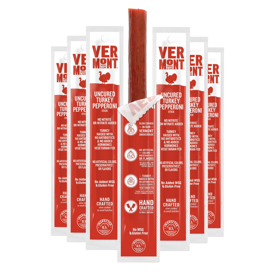 Vermont Smoke & Cure turkey pepperoni stick pack, travel-friendly protein snack.