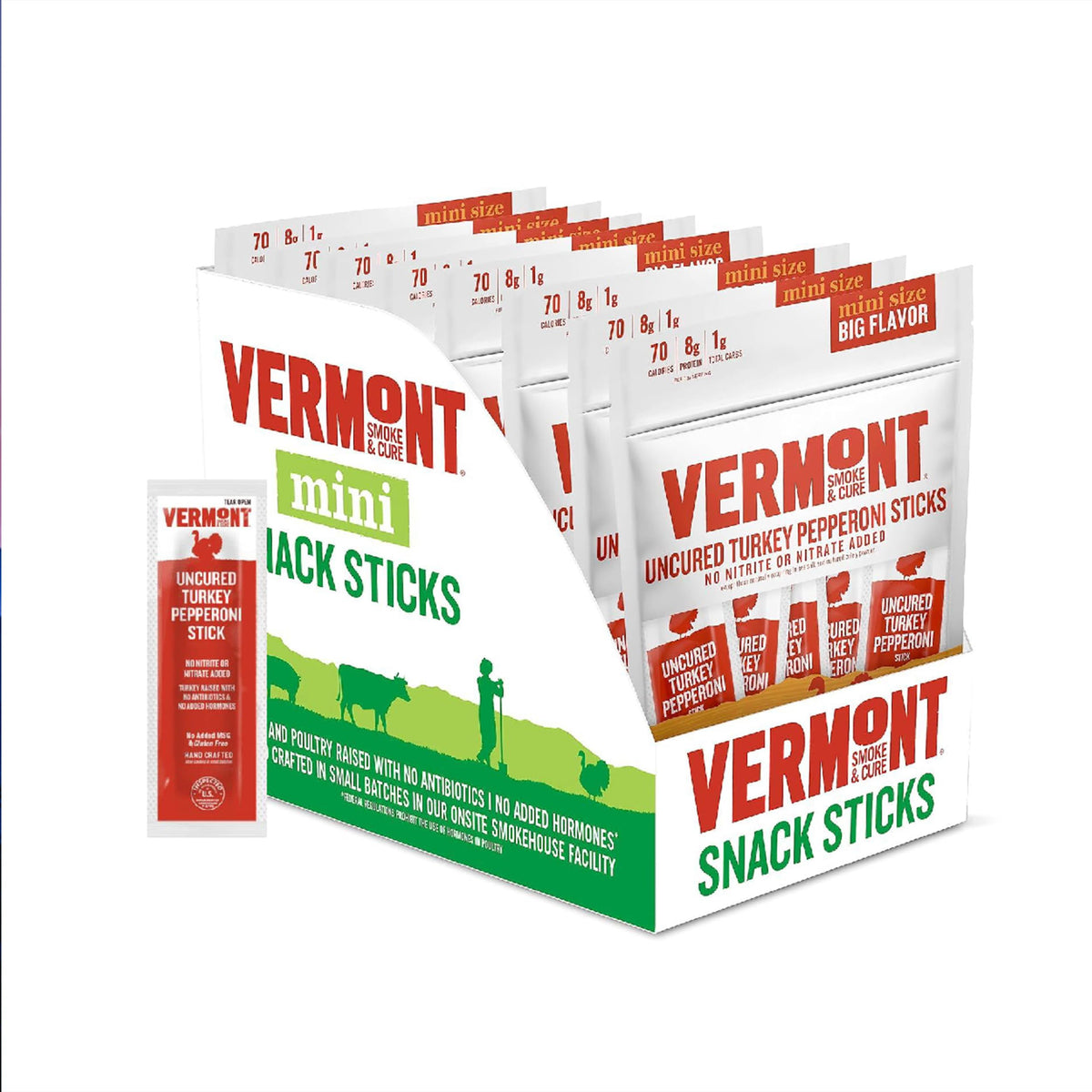 Vermont Smoke & Cure uncured turkey pepperoni sticks in an 8-count pouch for on-the-go protein
