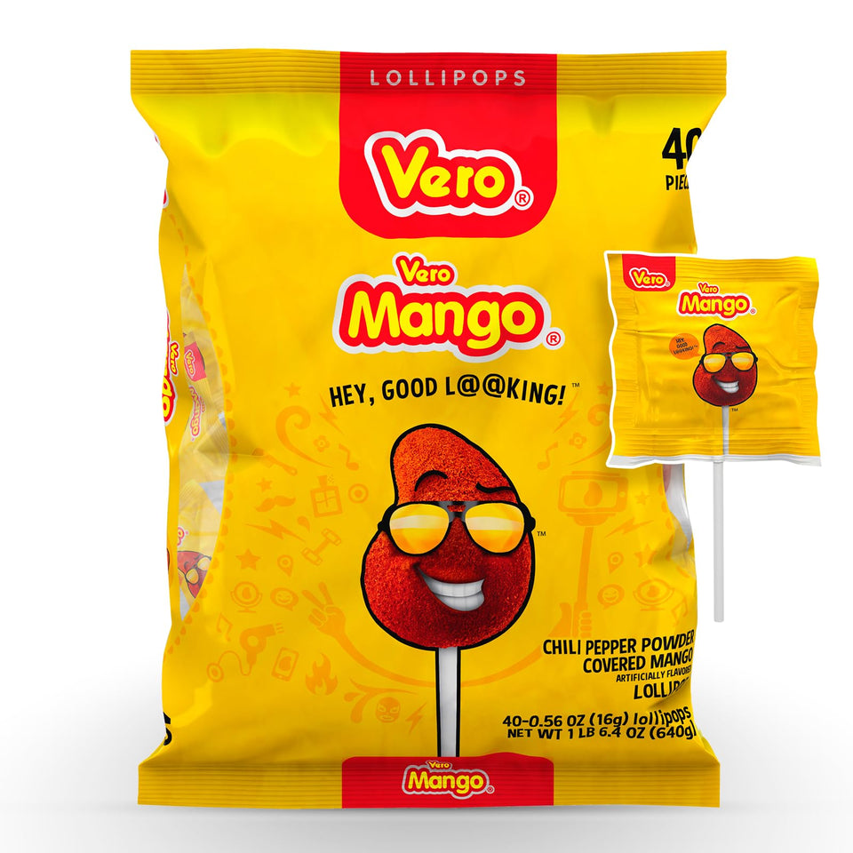 Vero Mango chili-coated lollipop pack-front showcases bold mango flavor.