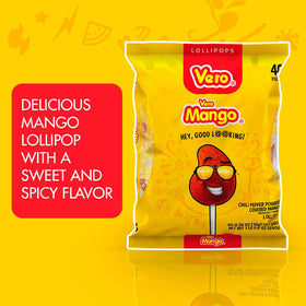 Vero Mango mango-flavored lollipop on stick with visible coating.
