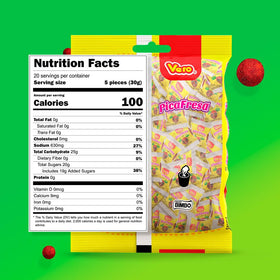 Close-up of Vero Pica Fresa gummies showing strawberry flavor and chewy texture.