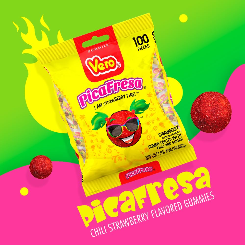Vero Pica Fresa individually wrapped gummies, fresh-on-the-go sweetness.