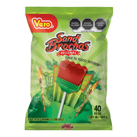Vero Sandi Brochas 40-piece brush set in chili powder bag for travel-friendly makeup application.