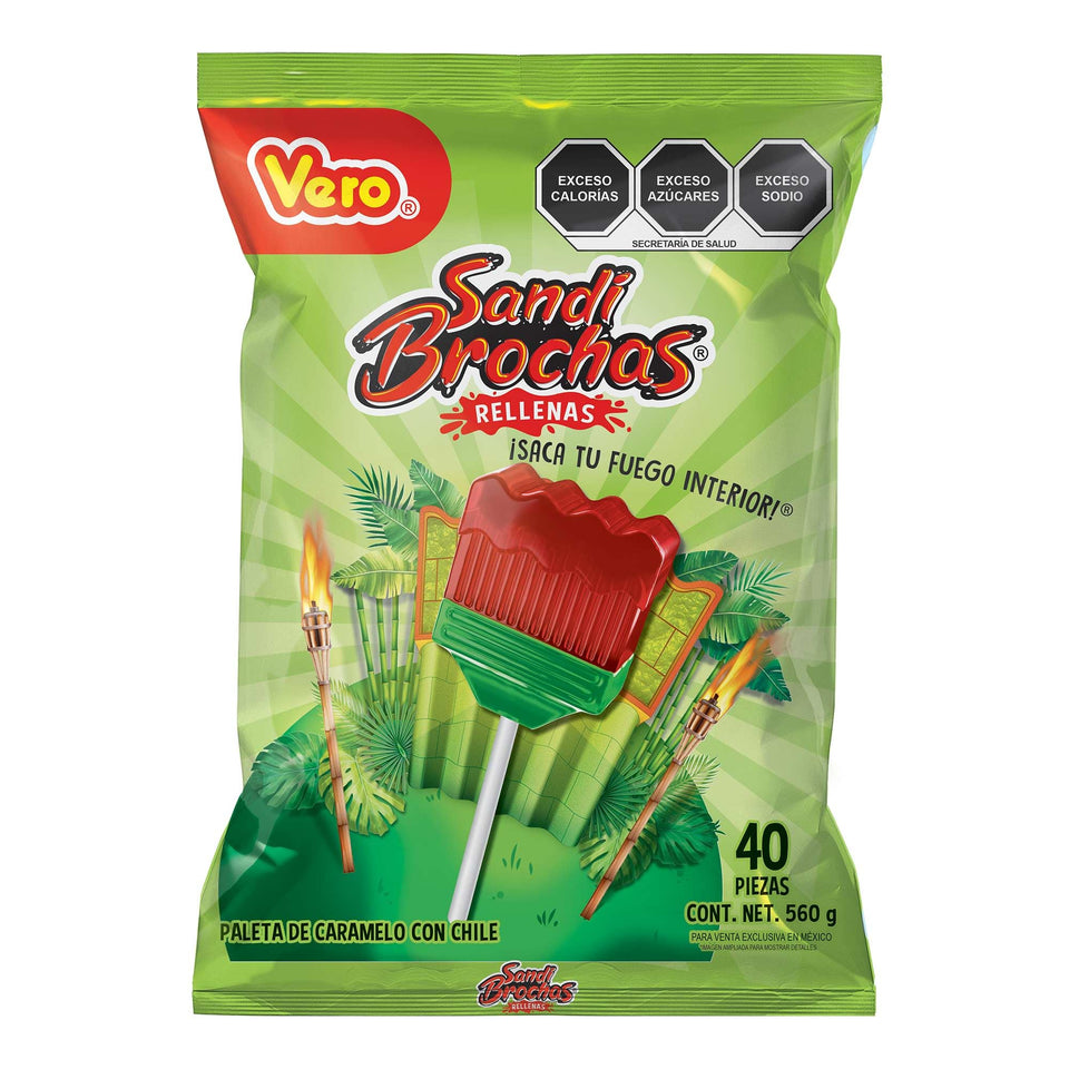 Vero Sandi Brochas 40-piece brush set in chili powder bag for travel-friendly makeup application.