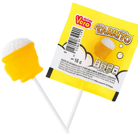 Vero Tarrito lollipops close up, vibrant colors and fruit flavors for kids.