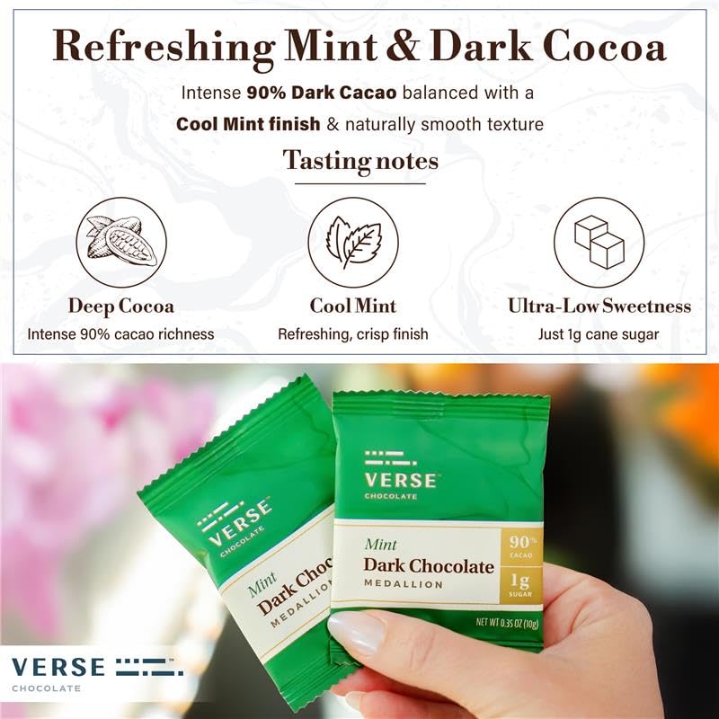 Verse Chocolate 90% mint squares bar texture, smooth finish and minty brightness.