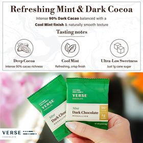 Verse Chocolate 90% mint squares bar texture, smooth finish and minty brightness.