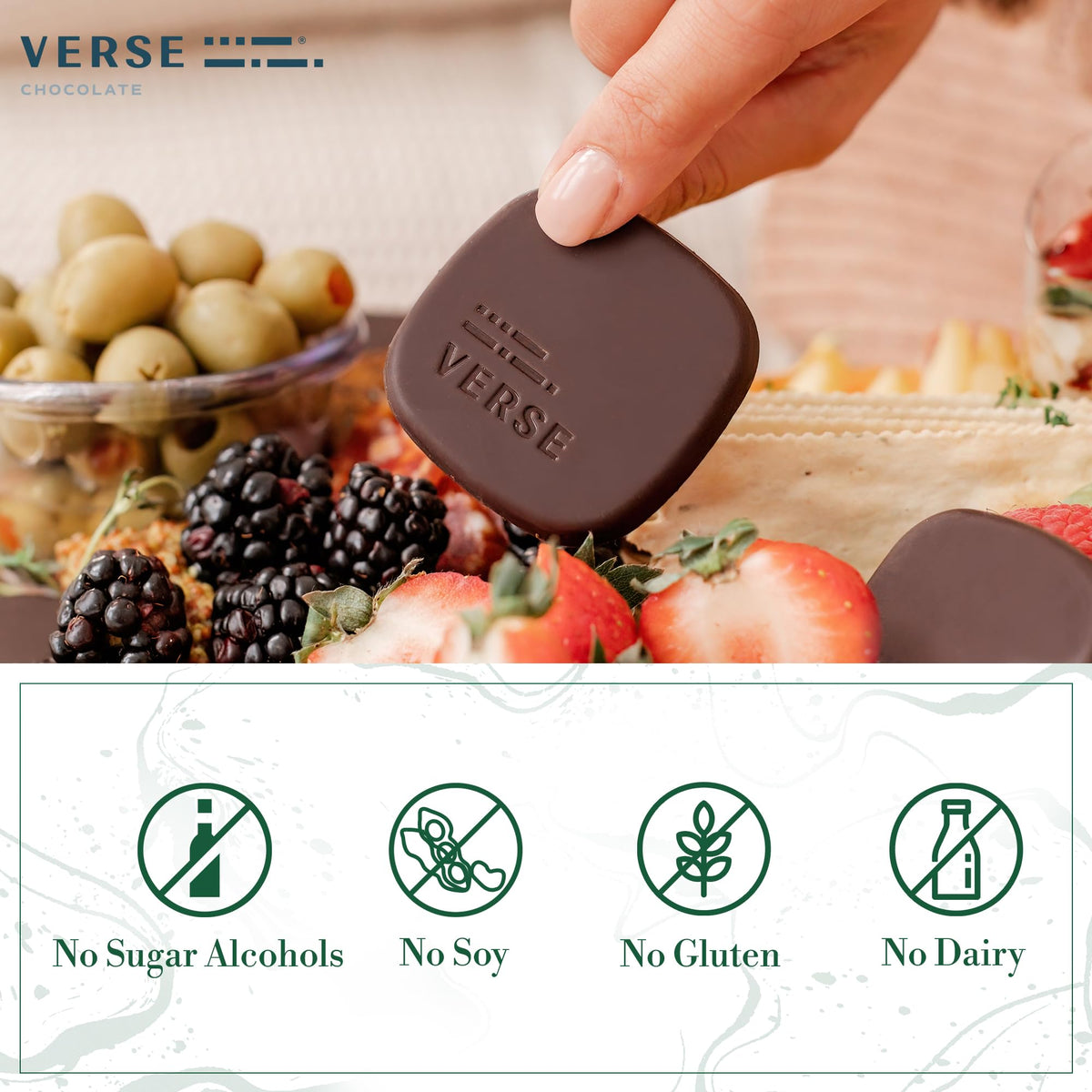 Verse Chocolate 90% mint squares close-up, textured cacao with vibrant mint notes.