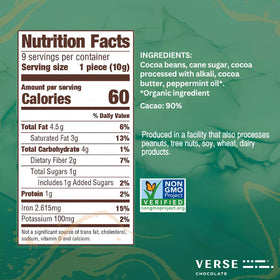 Verse Chocolate 90% mint squares cross-section, rich cacao with creamy mint center.