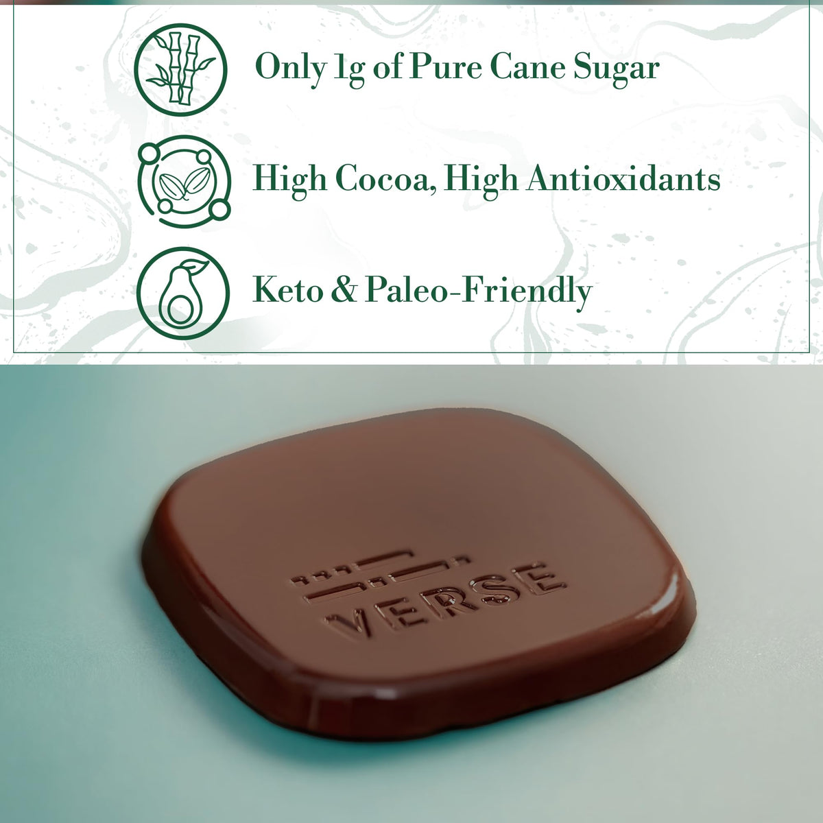 Verse Chocolate 90% mint squares ingredient shot, cocoa butter, fresh mint extract, vanilla.