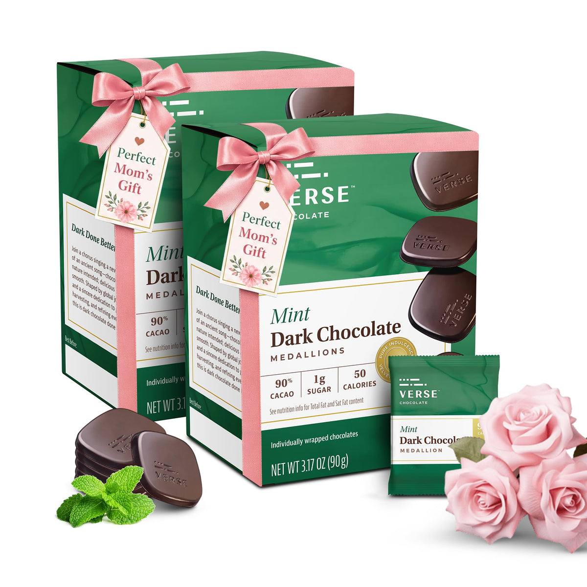 Verse Chocolate 90% mint squares packaging, ideal for gifting on special occasions.