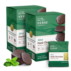 Verse Chocolate 90% mint squares unwrapped, glossy finish reveals pristine dark chocolate mint.