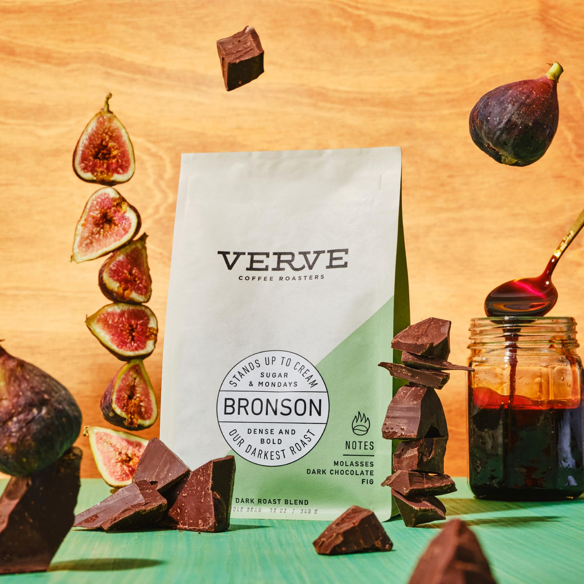 Resealable Bronson Blend pouch on a kitchen shelf highlighting freshness.