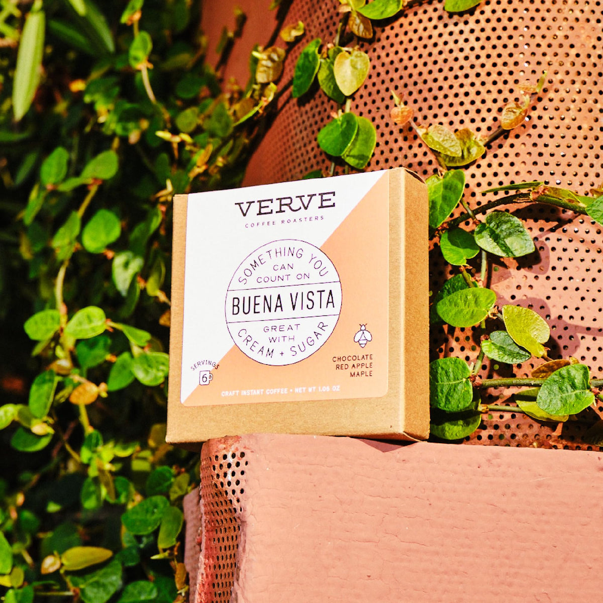 Verve Buena Vista instant coffee fresh roast label on the packaging.