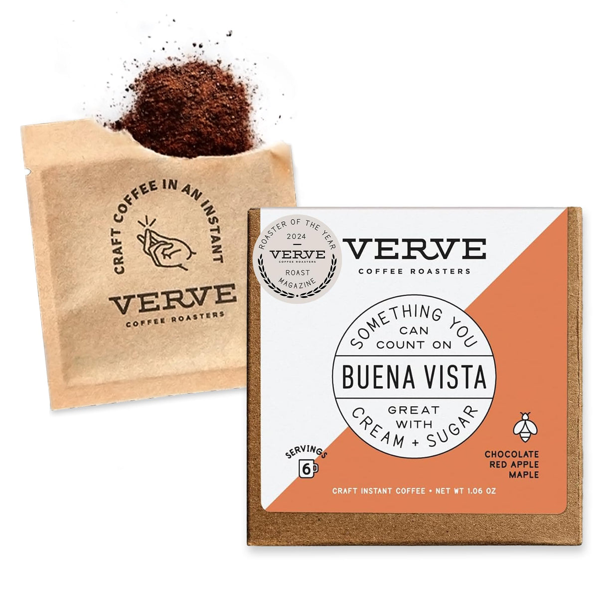Verve Buena Vista instant coffee pack showcasing rich aroma and flavor potential.